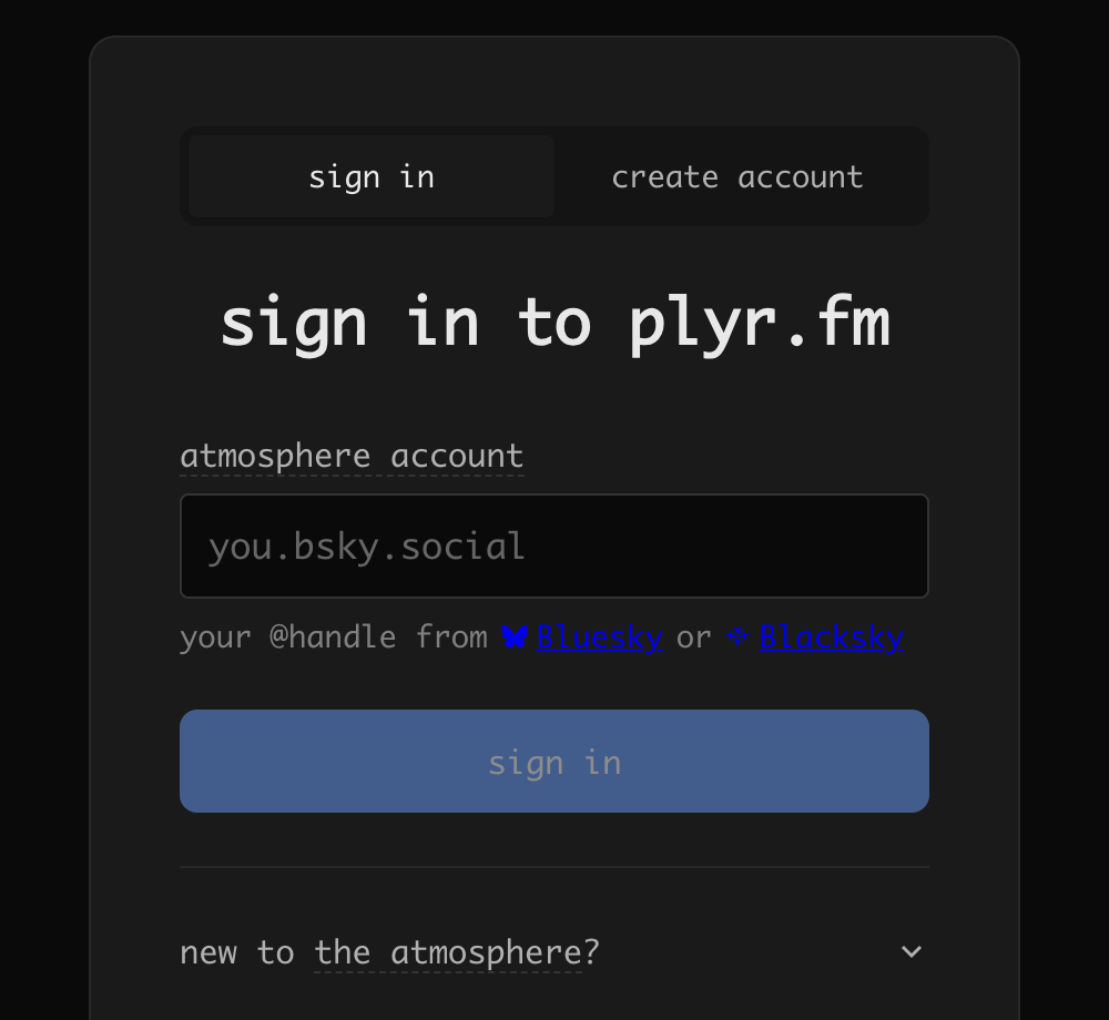 plyr.fm sign-in page — enter your atmosphere account to get started